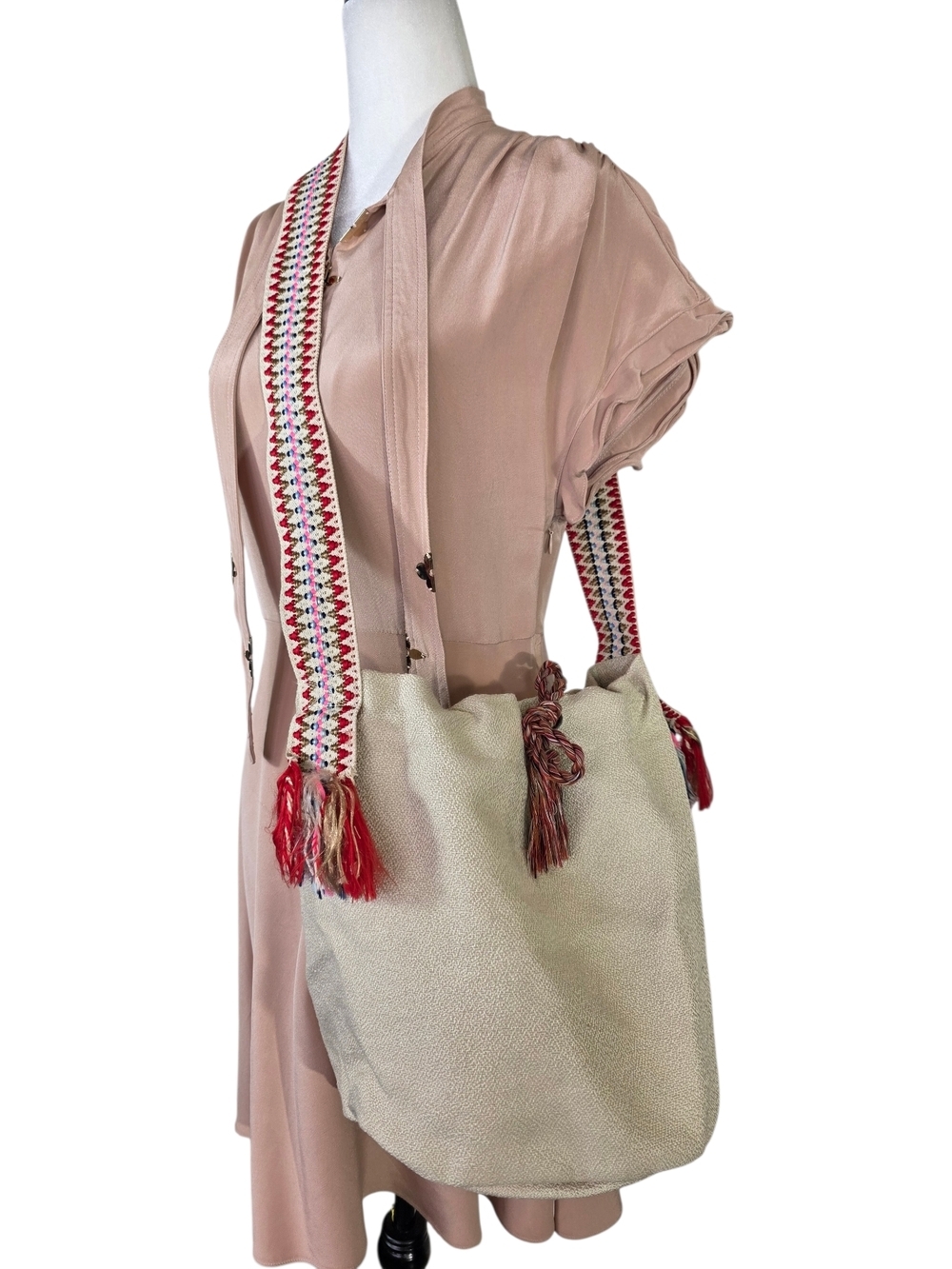 Columbian Beige Crossbody Bag with Multicolor Woven Strap